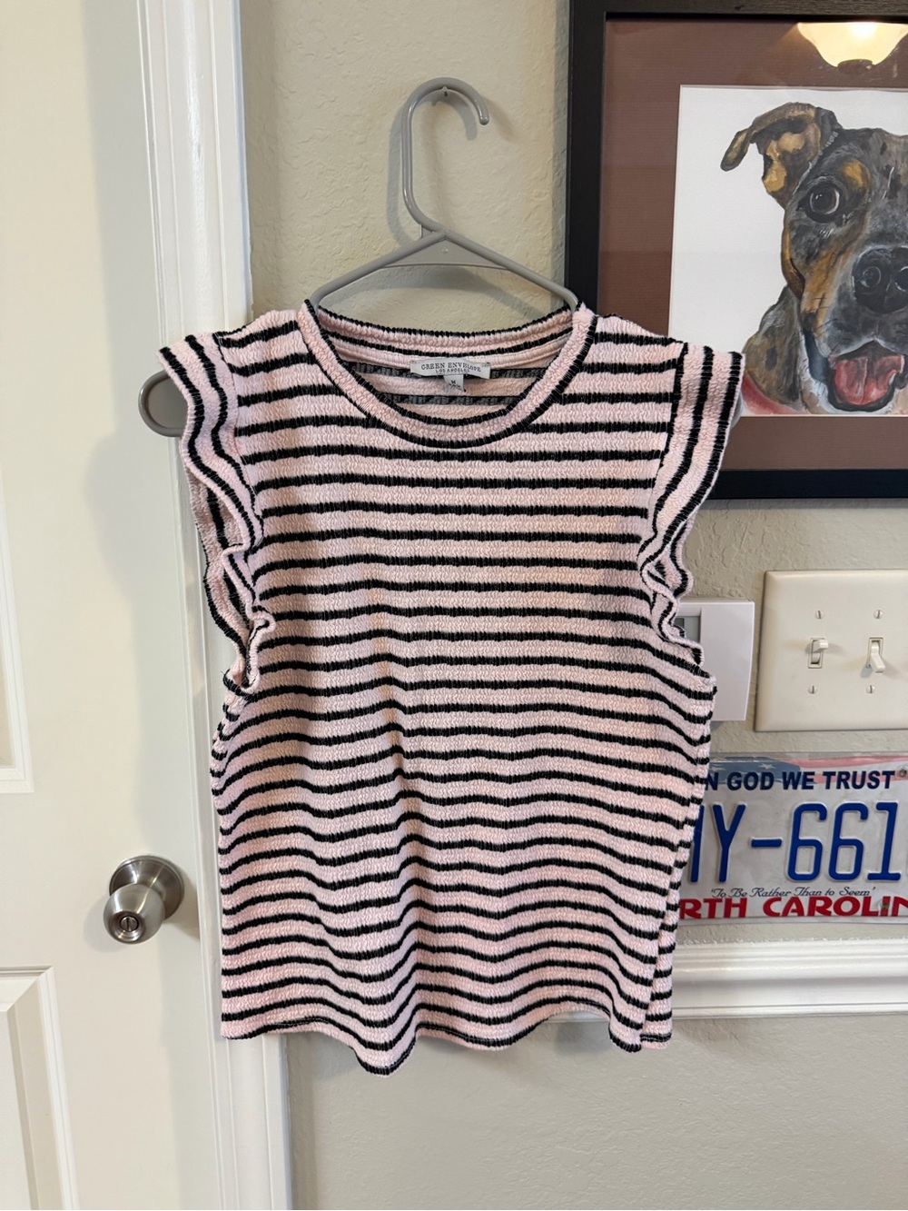 Green Envelope Pink and Black Striped Ruffle Sleeve Knit Top